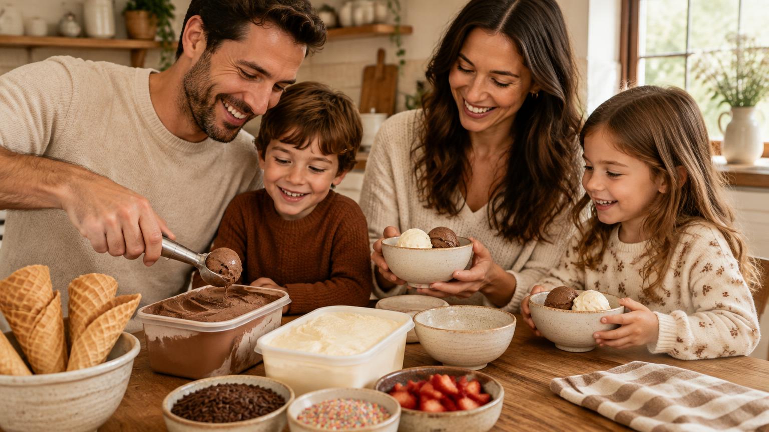 Familia sirviendo helado en casa