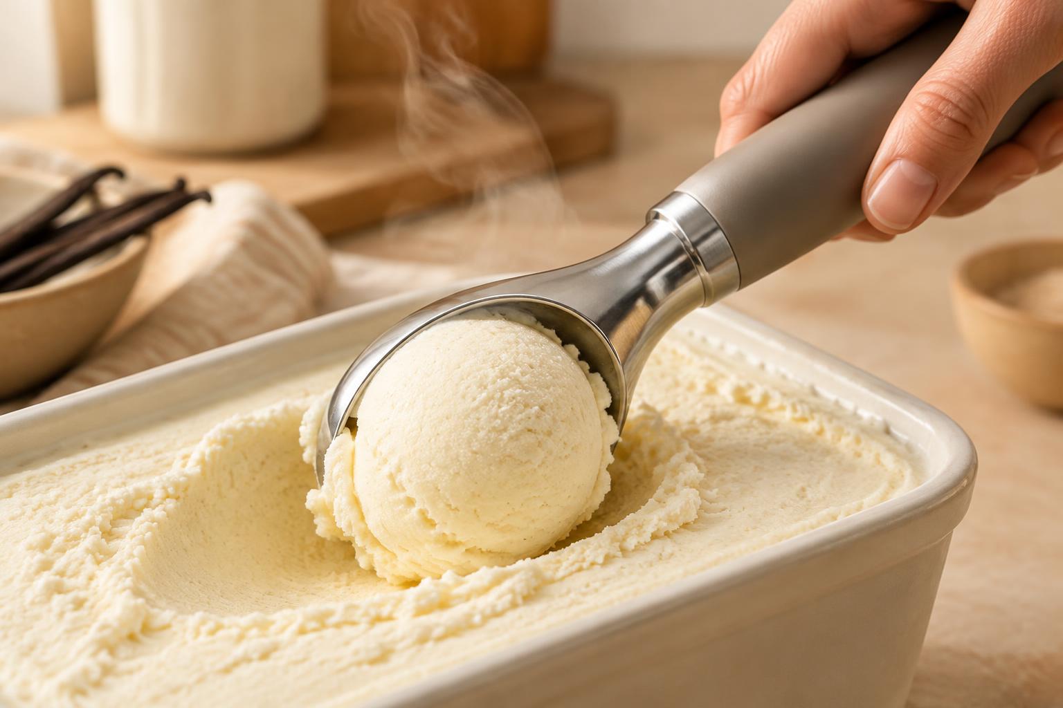 Cuchara EZ Scoop sacando una bola de helado de vainilla